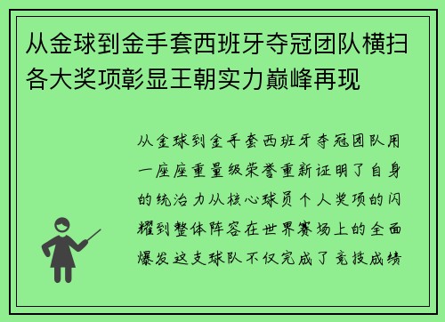 从金球到金手套西班牙夺冠团队横扫各大奖项彰显王朝实力巅峰再现